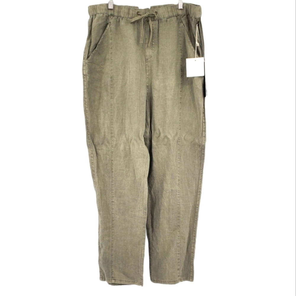 Nicole Miller Army Green 100% Linen High Rise Lightweight Cargo Relaxed Pant 12